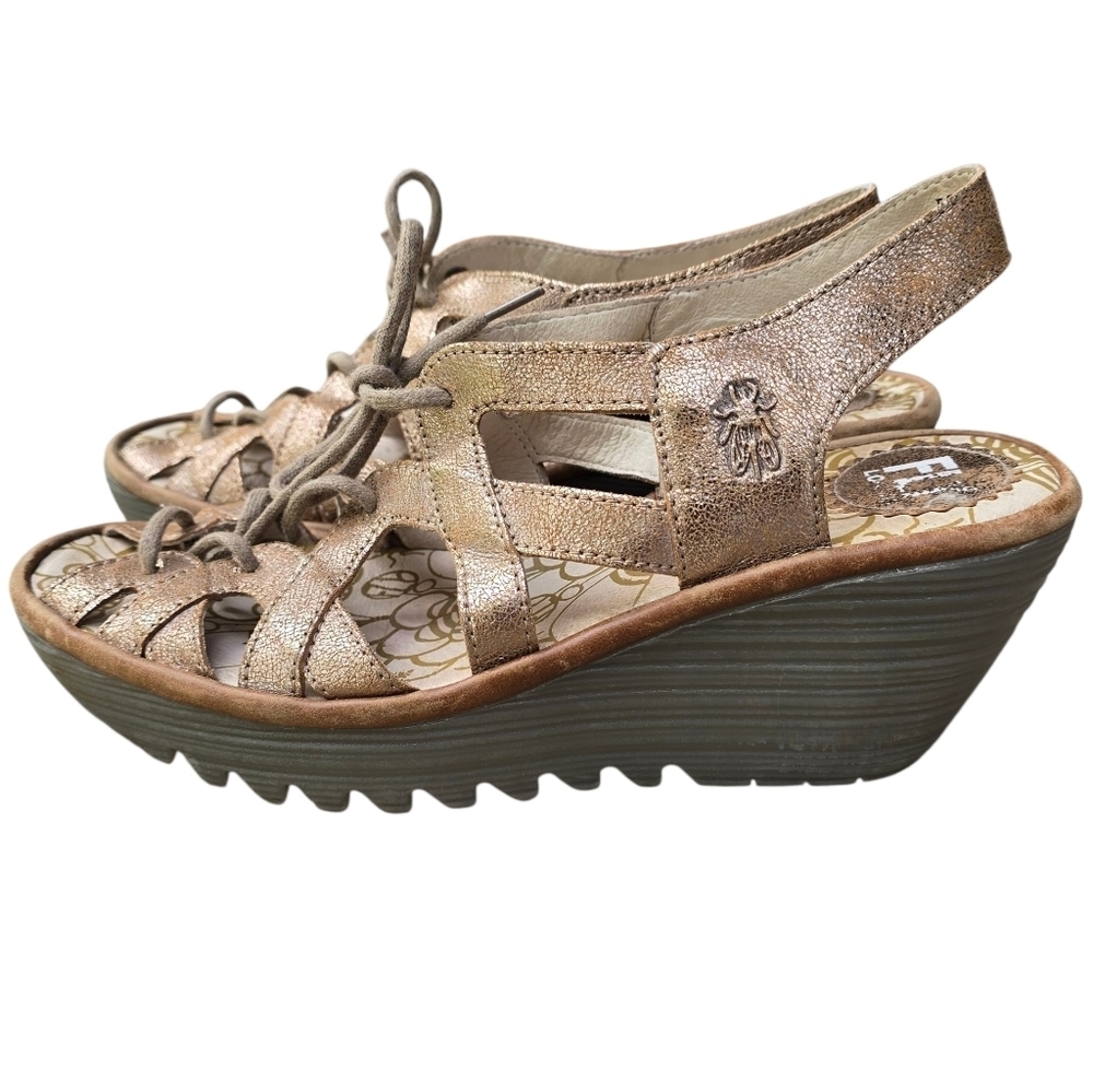 🔥FLY London Yapi Gold Metallic Leather Wedge Sandal, Size 39